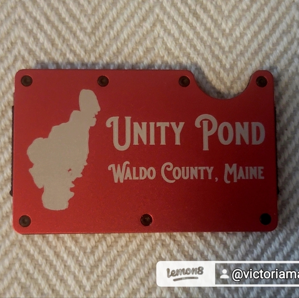 Unity Pond Waldo County ME Minimalist Card WalletAnodized Aluminum RFID Block.